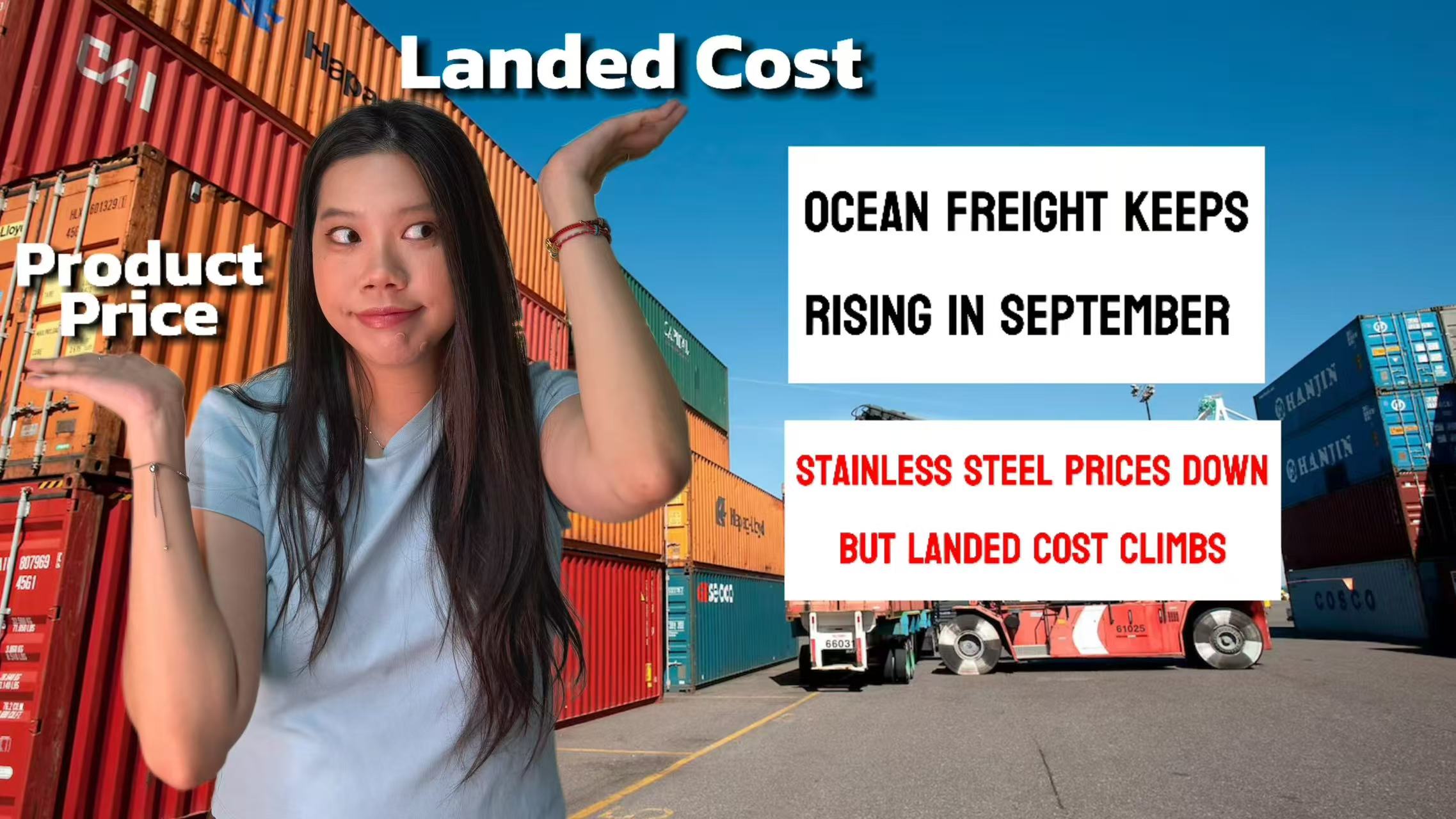 Landed cost market roundup poster showing stainless steel prices down while freight rises