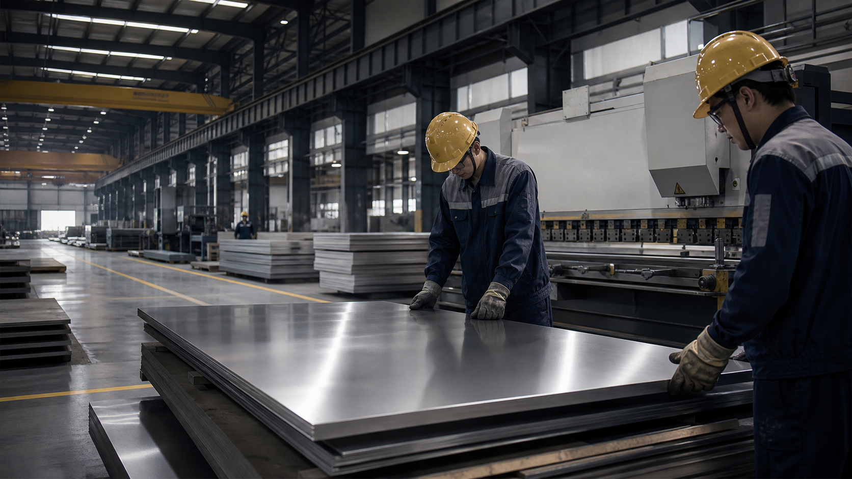 Workers processing stainless steel sheets on a cut-to-length line