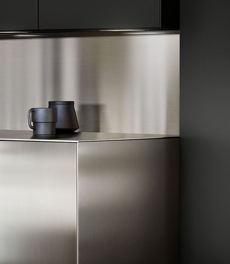 Brushed stainless steel kitchen cabinets and storage panels